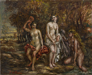 Lotto 44, Giorgio De Chirico, ‘Le Bagnanti,’ 1946, Olio su tela, cm 40X50. Stima €40.000-50.000. Courtesy Wannenes.